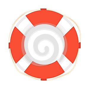 Lifebuoy, lifesaver with rope in red and white color in cartoon style isolated on white background. Life saving at sea