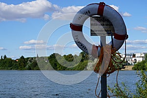 The lifebuoy is located near Biesdorfer Baggersee lake. Berlin, Germany