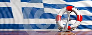 Lifebuoy and navy ship anchor on Greek flag background, banner. 3d illustration