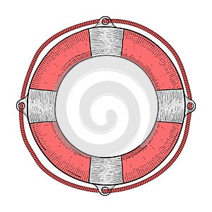 Lifebuoy. Red white lifesaving device. Hand drawn colored sketch.