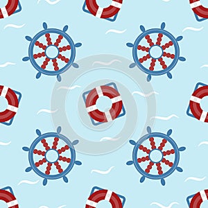 lifebuoy rescue donut and ship steering wheel seamless pattern