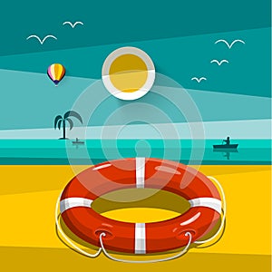 Lifebuoy Ring on Sand Beach. Sunset Flat Design Landscape with Rescue Circle and Sun Above Ocean