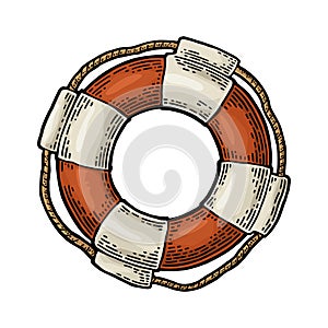 Lifebuoy with rope isolated on white background. Vector vintage engraving