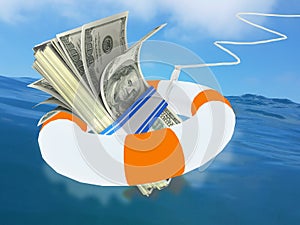 Lifebuoy round  round sea huge waves money dollars - 3d rendering