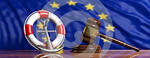Lifebuoy, ship anchor and law gavel on European Union flag background, banner. 3d illustration