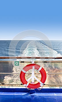 Lifebuoy on a ship at sea.