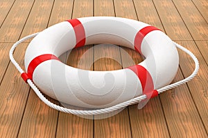 Lifebuoy on wood floor.