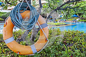 Lifebuoys for tourists are prepared in front of the resort