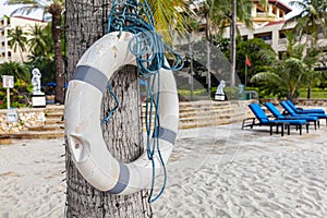 Lifebuoys for tourists are prepared in front of the resort