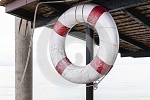 Lifebuoys for tourists are prepared in front of the resort