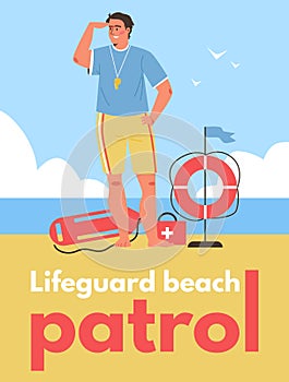 Lifeguard beach patrol banner with rescuer on duty, flat vector illustration.