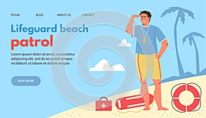 Lifeguard beach patrol website mockup with lifesaver flat vector illustration.