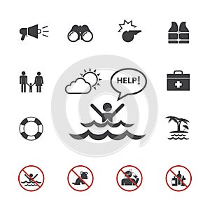 Lifeguard and beach warning icon set