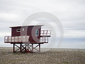 Lifeguard booth on the beach. The beach is out of season. wooden structure