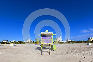 Lifeguard cabin on empty beach,