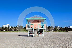 Lifeguard cabin on empty beach,