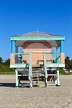 Lifeguard cabin on empty beach,