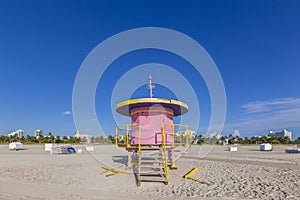 Lifeguard cabin on empty beach, Miami Beach, Florida, USA