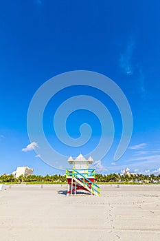 Lifeguard cabin on empty beach, Miami Beach, Florida, USA, safety concept.