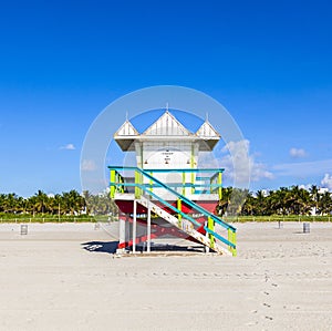 Lifeguard cabin on empty beach, Miami Beach, Florida, USA, safety concept.