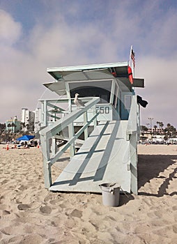 Lifeguard cabin on Santa Monica beach in California with a seagull