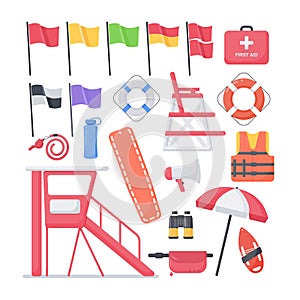 Lifeguard equipment flat icons set