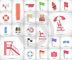 Lifeguard equipment flat icons set