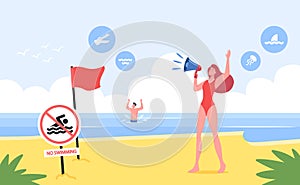 Lifeguard Female Character Yell to Megaphone on Sandy Shore with Red Warning Flag, No Swimming Prohibition Sign