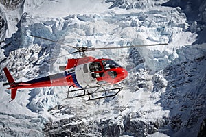 Lifeguard helicopter on Everest base camp in Nepal