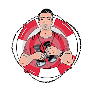 The lifeguard is holding binoculars with a lifebuoy logo in his hands