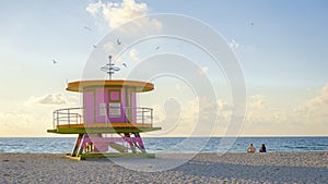 Lifeguard hut on the beach in Miami Florida, colorful hut on the beach during sunrise Miami Beach