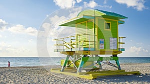 Lifeguard hut on the beach in Miami Florida, colorful hut on the beach during sunrise Miami Beach