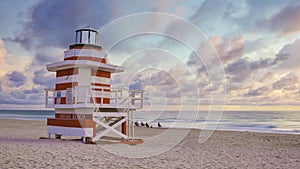 Lifeguard hut on the beach in Miami Florida, colorful hut on the beach during sunrise Miami Beach