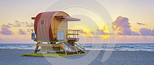 Lifeguard hut on the beach in Miami Florida, colorful hut on the beach during sunrise Miami Beach