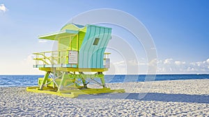 Lifeguard hut on the beach in Miami Florida, colorful hut on the beach during sunrise Miami Beach