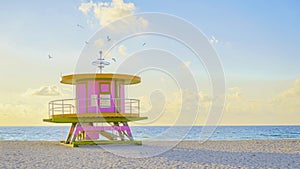 Lifeguard hut on the beach in Miami Florida, colorful hut on the beach during sunrise Miami Beach