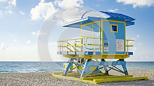 Lifeguard hut on the beach in Miami Florida, colorful hut on the beach during sunrise Miami Beach