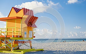 Lifeguard hut on the beach in Miami Florida, colorful hut on the beach during sunrise Miami Beach