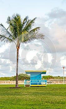 Lifeguard hut on a grass lawn in Miami Beach on Souh Beach