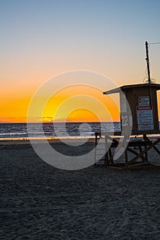 Lifeguard hut in Newport Beach at sunset