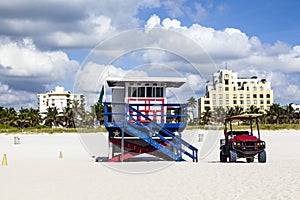 Lifeguard hut at the white beach in South Beach, Miami