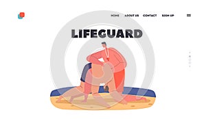 Lifeguard Landing Page Template. Man Rescuer Save Life to Victim on Ocean Beach. Character Help to Drowned Person