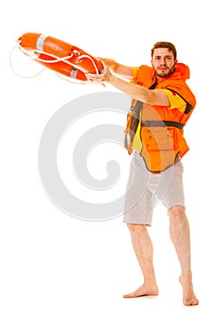 Lifeguard in life vest with ring buoy lifebuoy.