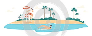 Lifeguard Male Character in Red Shorts Looking in Binoculars on Swimming Man. Rescue Sitting on High Chair with Lifebuoy