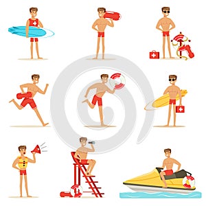 Lifeguard man character doing his job. Water rescue vector Illustrations