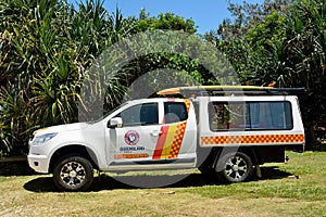 Lifeguard patrol car at Sunshine Beach south of Noosa, QLD.