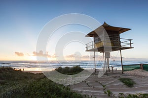 Lifeguard patrol tower on the beach at sunrise, Gold Coast Australia