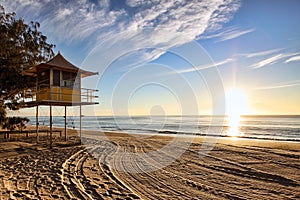 Lifeguard patrol tower at sunrise