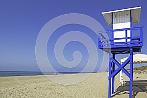 Lifeguard post on the beach of Casita Azul in Isla Cristina, Huelva, Andalusia, Spain