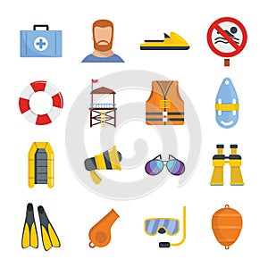 Lifeguard save icons set, flat style